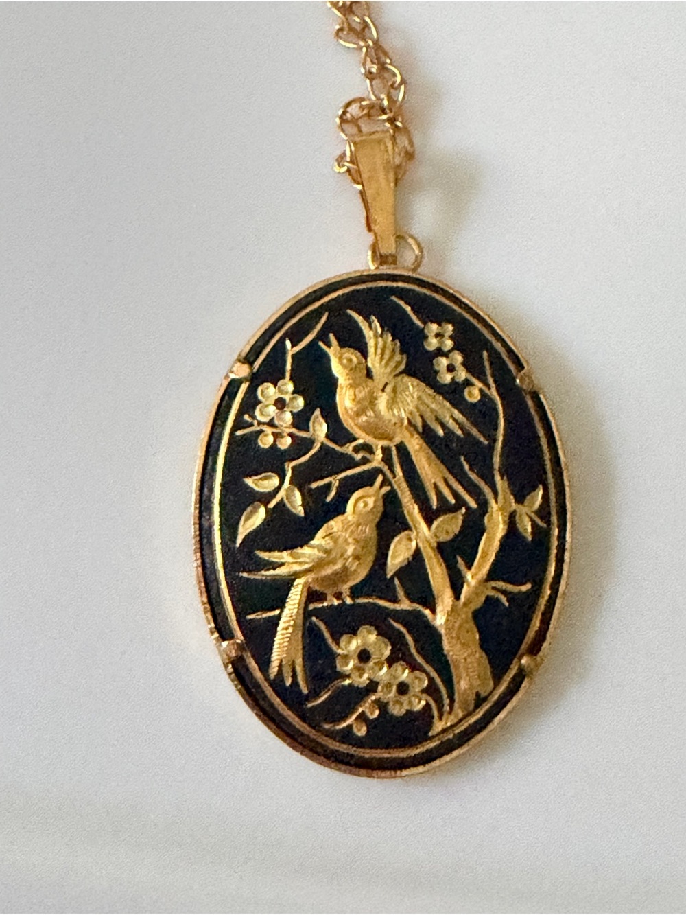 Gold & Black Damascene  Birds and Flowers Pendant Necklace - Japan 25” chain